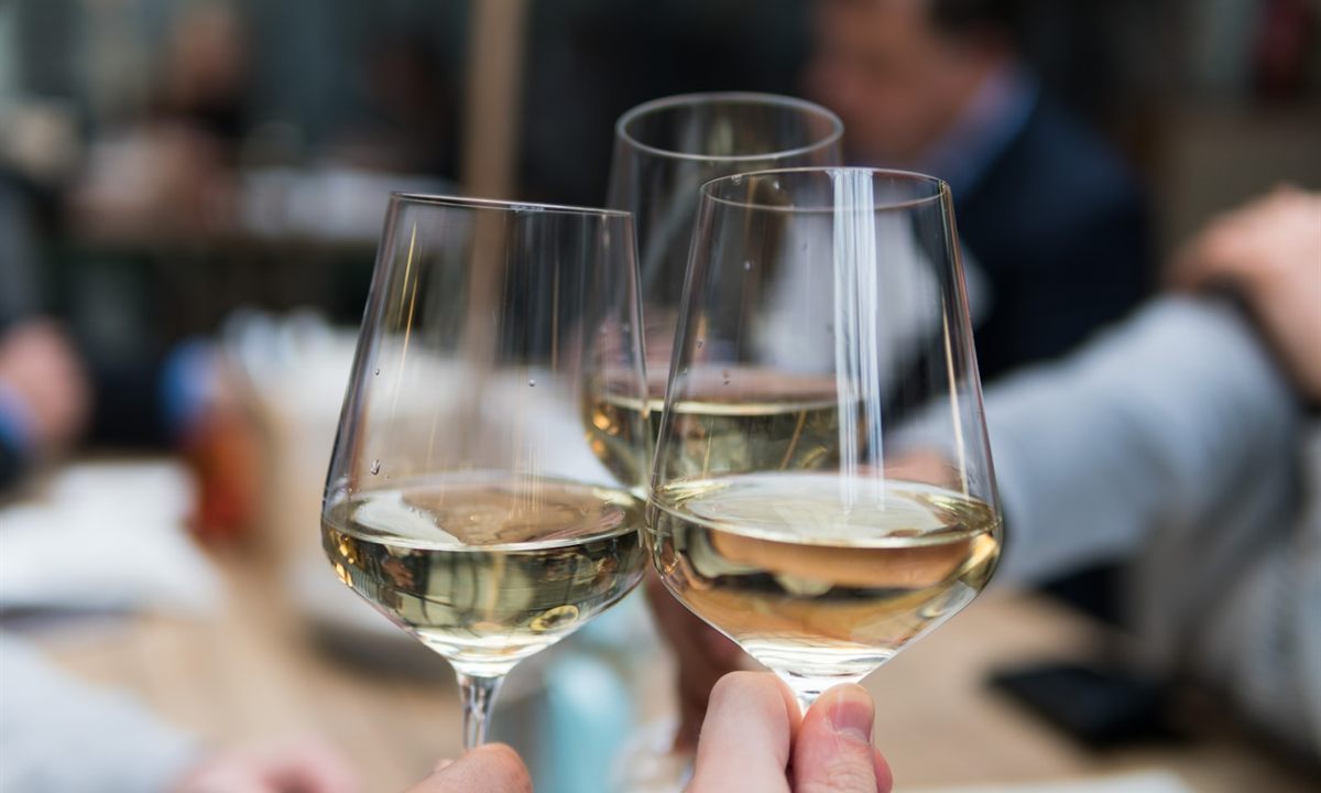 Friends raising wine glasses together